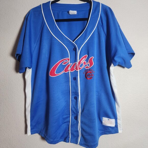 Chicago Cubs Jersey Womens XL Blue White MLB Baseball Button Front Script Raglan - Picture 1 of 9